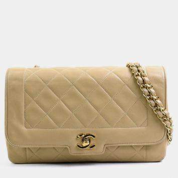 Pre Owned Chanel Beige Leather Matelasse Chain Vintage Diana Shoulder Bag
