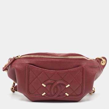 Pre Owned Chanel Red Quilted Caviar Leather Filigree Belt Bag