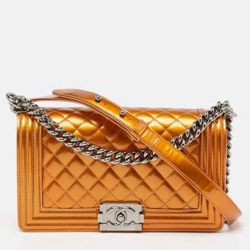 Pre Owned Chanel Bronze Quilted Patent Leather Medium Boy Flap Bag