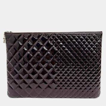 Pre Owned Chanel Wine Patent Leather Large Clutch Bag