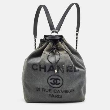 Pre Owned Chanel Dark Grey Denim Sequins Deauville Backpack