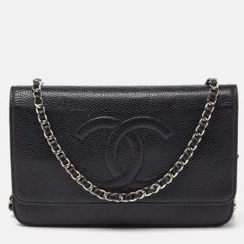 Pre Owned Chanel Black Quilted Caviar Leather Classic Wallet On Chain