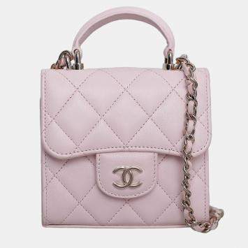Pre Owned Chanel Pink Leather Micro Flap Top Handle Bag
