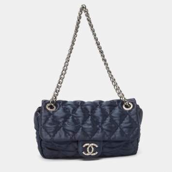 Pre Owned Chanel Navy Blue Quilted Satin Medium Classic Single Flap Bag
