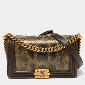 Pre Owned Chanel Olive Green Python and Leather Medium Boy Flap Bag
