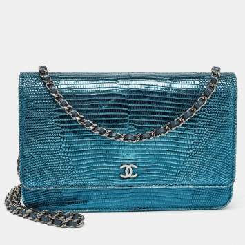 Pre Owned Chanel Metallic Teal Lizard CC Classic Wallet on Chain  