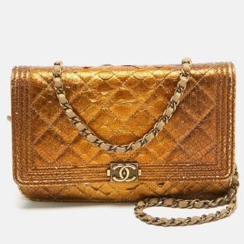 Pre Owned Chanel Gold Quilted Python Boy Wallet on Chain