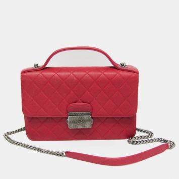 Pre Owned Chanel Red Quilted Goatskin Medium CC University Flap Bag 