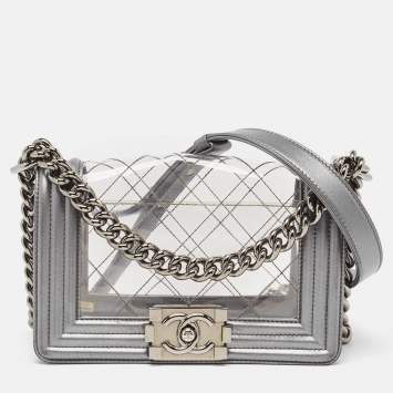 Pre Owned Chanel Grey/Clear Quilted PVC and Leather Small Boy Flap Bag