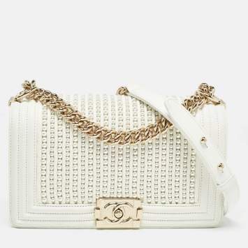 Pre Owned Chanel White Pearl Embellished Leather Medium Boy Flap Bag