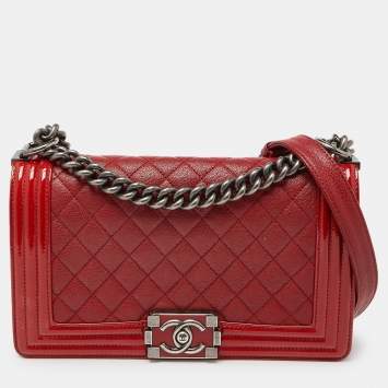Pre Owned Chanel Red Quilted Leather and Patent Leather Medium Boy Flap Bag