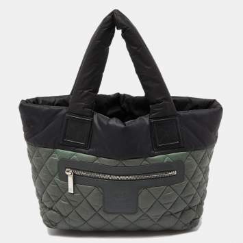 Pre Owned Chanel Green/Grey Quilted Nylon Coco Cocoon Tote