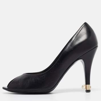 Pre Owned Chanel Black Leather Peep Toe Pumps Size 37.5