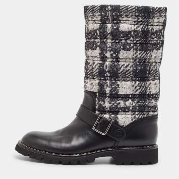Pre Owned Chanel Black/White Leather and  Nylon Midcalf Boots Size 40