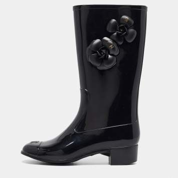 Pre Owned Chanel Black Rubber CC Camellia Rain Boots Size 38