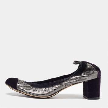 Pre Owned Chanel Silver/Purple Leather and Velvet CC Cap Toe Scrunch Block Heel Pumps Size 38.5