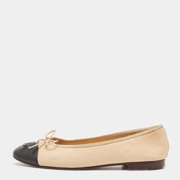 Pre Owned Chanel Beige/Black Leather CC Cap Toe Ballet Flats Size 36.5