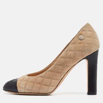 Pre Owned Chanel Beige/Black Suede and Snakeskin Cap Toe Pumps Size 35