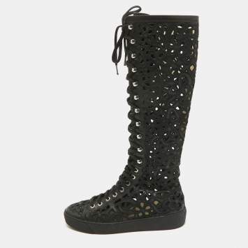 Pre Owned Chanel Black Canvas and Leather Camellia Knee Length Boots Size 39