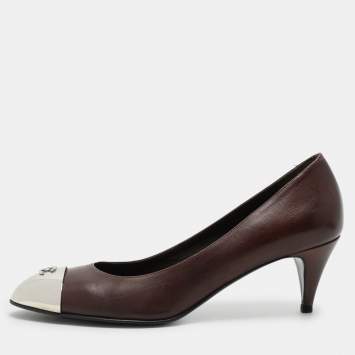 Pre Owned Chanel Brown Leather CC Metal Cap Toe Pumps Size 38