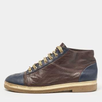 Pre Owned Chanel Navy Blue/Burgundy Leather CC Ankle Boots Size 40.5