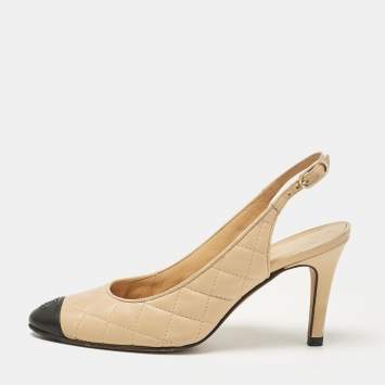 Pre Owned Chanel Beige/Black Leather Slingback Pumps Size 37