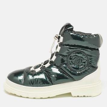 Pre Owned Chanel Green Leather and Nylon Ankle Length Boots Size 40