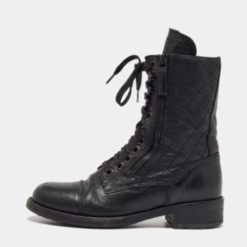 Pre Owned Chanel Black Leather CC Interlocking Ankle Length Boots Size 36.5