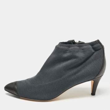 Chanel Grey/Black Fabric and Leather Booties Size 37