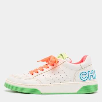 Pre Owned Chanel White Leather Perforated Low Top Sneakers Size 37