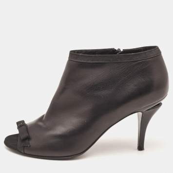 Pre Owned Chanel Black Leather Bow Open Toe Booties Size 38.5