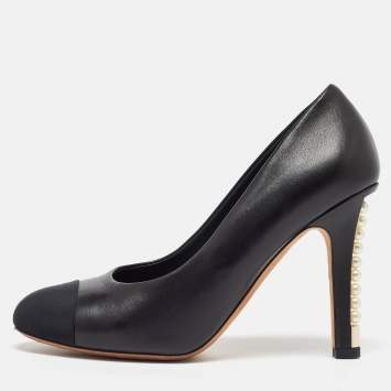 Pre Owned Chanel Black Leather and Fabric Cap Toe Faux Pearl Heel Pumps Size 40