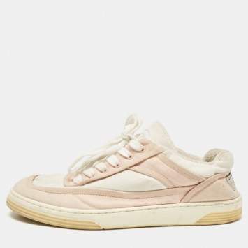 Pre Owned Chanel Pink/White Canvas CC Low Top Sneakers Size 37