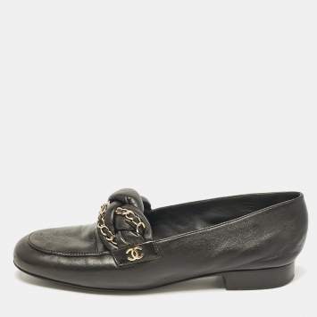 Pre Owned Chanel Black Leather Interlocking Chain Link Loafers Size 38.5