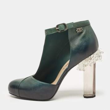 Pre Owned Chanel Two Tone Leather Crystal Heel D'orsay Ankle Strap Pumps Size 39