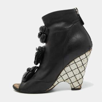 Pre Owned Chanel Black Leather CC Camellia Ankle Cork Wedge Boots Size 39
