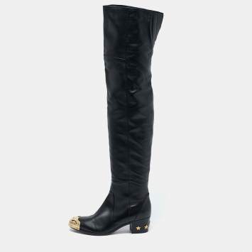Pre Owned Chanel Black Leather Paris Dallas Metal Cap Toe Over The Knee Boots Size 40