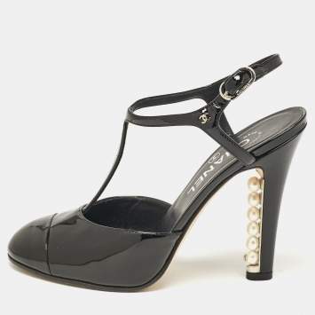 Pre Owned Chanel Black Patent Leather CC Faux Pearl Heel T-Strap Pumps Size 36.5
