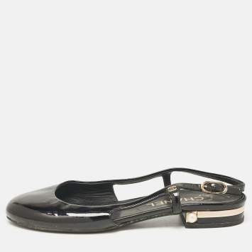Chanel Black Patent Leather CC Slingback Flats Size 36