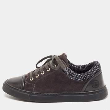 Chanel Black/Grey Leather and Suede CC Lace Up Sneakers Size 37.5