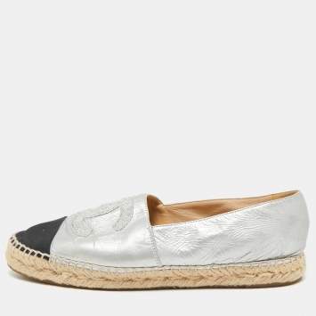 Pre Owned Chanel Silver/Black Leather CC Cap Toe Logo Espadrille Flats Size 41
