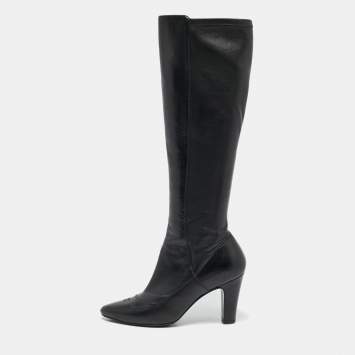 Pre Owned Chanel Black Leather CC Cap Toe Mid Calf Boots Size 37