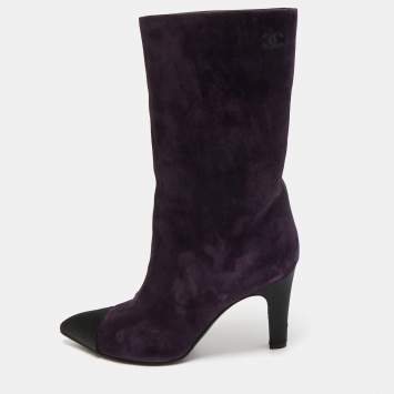 Pre Owned Chanel Purple/Black Suede and Satin CC Mid Calf Boots Size 39.5