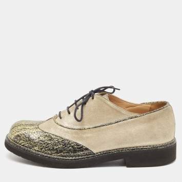 Pre Owned Chanel Beige/Green Suede and Texture Leather Oxfords Size 39