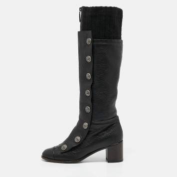 Pre Owned Chanel Black Fabric and Leather Knee Length Boots Size 39