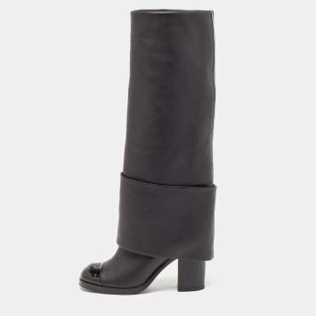 Pre Owned Chanel Black Patent and Leather CC Cap Toe Fold Over High Boots Size 38.5
