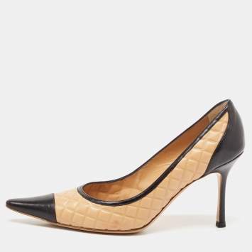 Pre Owned Chanel Black/Beige Leather Pointed Toe Pumps Size 37.5