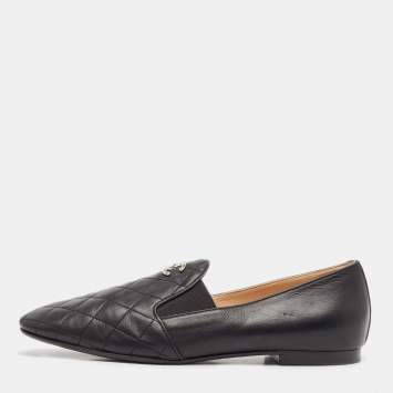 Pre Owned Chanel Black Leather CC Loafers Size 39.5