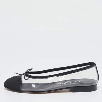 Pre Owned Chanel Black/Transparent PVC and Fabric CC Cap Toe Bow Ballet Flats Size 37.5