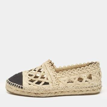 Chanel Beige/Black Laser Cut Raffia and CC Canvas Cap Toe Espadrille Flats Size 37